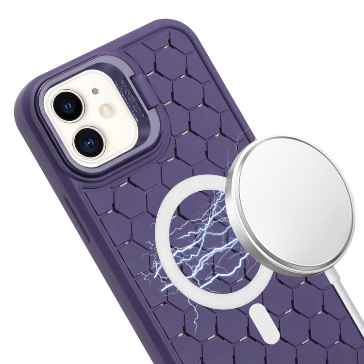 For iPhone 11 Honeycomb Radiating Lens Holder Magsafe Phone Case with Lanyard(Purple) - iPhone 11 Cases by PMC Jewellery | Online Shopping South Africa | PMC Jewellery