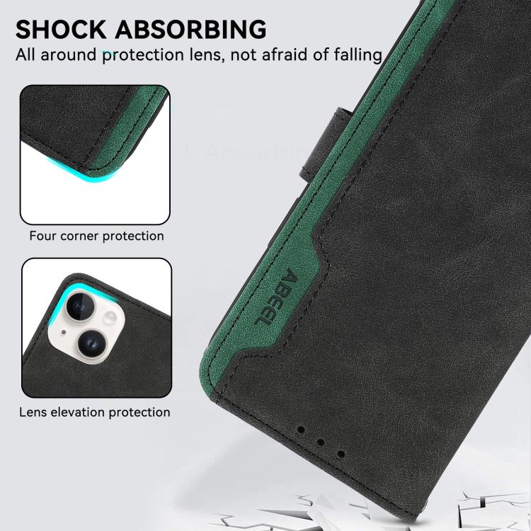 For iPhone 16e ABEEL Color Block Magnetic RFID Leather Phone Case(Black-Green) - iPhone 16e Cases by PMC TechLife | Online Shopping South Africa | PMC TechLife | Buy Now Pay Later Mobicred