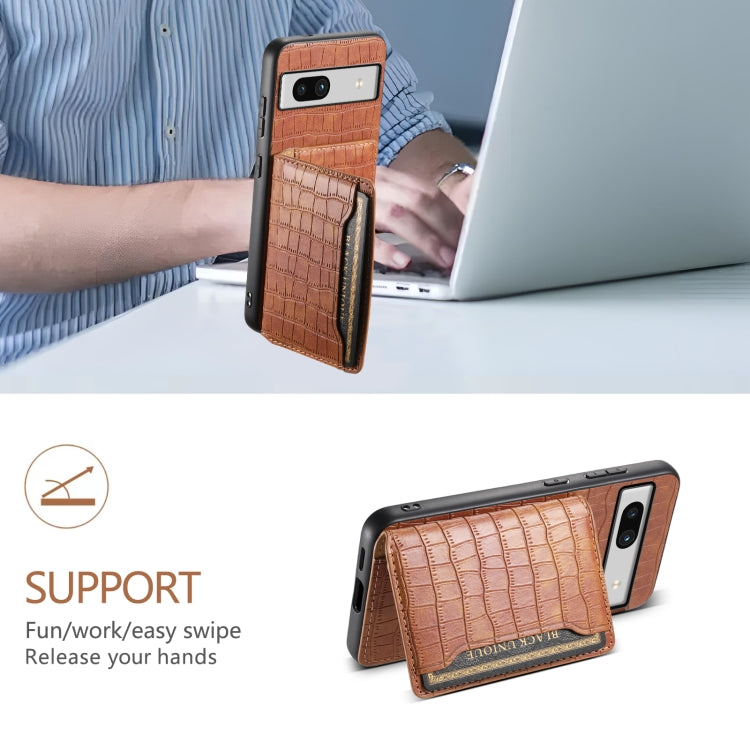 For Google Pixel 7a Crocodile Texture Card Bag Design Full Coverage Phone Case(Brown) - Google Cases by PMC TechLife | Online Shopping South Africa | PMC TechLife | Buy Now Pay Later Mobicred