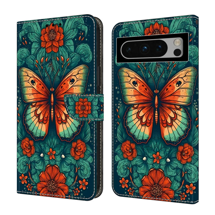 For Google Pixel 9 Pro Crystal Painted Leather Phone case(Flower Butterfly) - Google Cases by PMC Jewellery | Online Shopping South Africa | PMC Jewellery | Buy Now Pay Later Mobicred