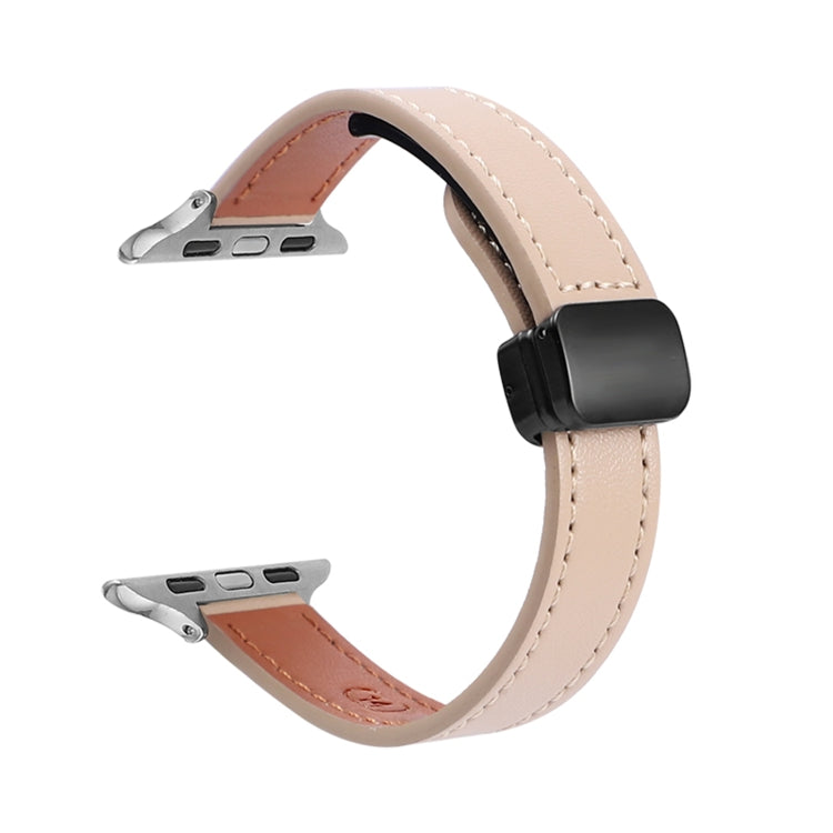 For Apple Watch Series 5 44mm Slim Magnetic Buckle Genuine Leather Watch Band(Plain Apricot) - Watch Bands by PMC Jewellery | Online Shopping South Africa | PMC Jewellery