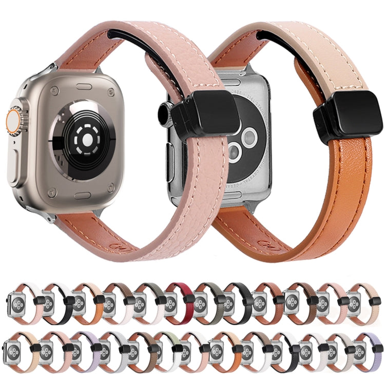 For Apple Watch SE 40mm Slim Magnetic Buckle Genuine Leather Watch Band(Litchi Pink) - Watch Bands by PMC Jewellery | Online Shopping South Africa | PMC Jewellery