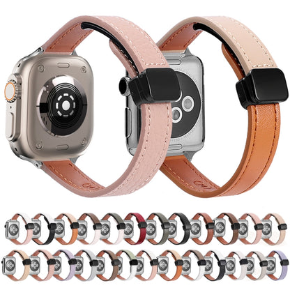 For Apple Watch Series 5 44mm Slim Magnetic Buckle Genuine Leather Watch Band(Litchi Pink Beige) - Watch Bands by PMC Jewellery | Online Shopping South Africa | PMC Jewellery