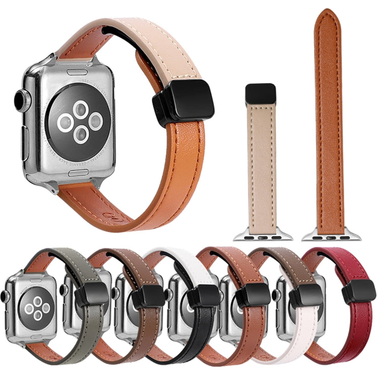 For Apple Watch 42mm Slim Magnetic Buckle Genuine Leather Watch Band(Plain Brown) - Watch Bands by PMC TechLife | Online Shopping South Africa | PMC TechLife