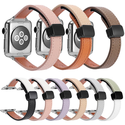 For Apple Watch Series 6 44mm Slim Magnetic Buckle Genuine Leather Watch Band(Plain Black Beige) - Watch Bands by PMC Jewellery | Online Shopping South Africa | PMC Jewellery