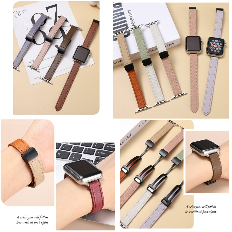 For Apple Watch 42mm Slim Magnetic Buckle Genuine Leather Watch Band(Litchi Beige) - Watch Bands by PMC Jewellery | Online Shopping South Africa | PMC Jewellery