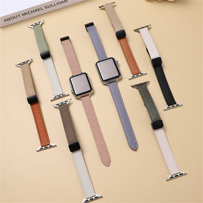 For Apple Watch 42mm Slim Magnetic Buckle Genuine Leather Watch Band(Plain Beige Pink) - Watch Bands by PMC Jewellery | Online Shopping South Africa | PMC Jewellery