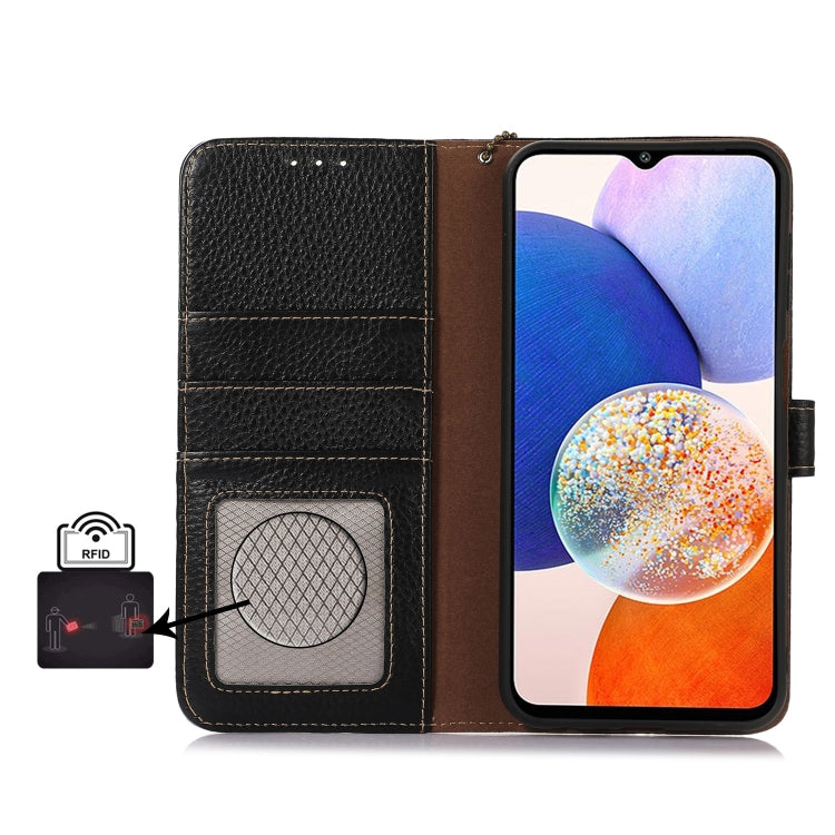 For OnePlus 13 Genuine Leather Litchi Texture RFID Leather Phone Case(Black) - OnePlus Cases by PMC TechLife | Online Shopping South Africa | PMC TechLife | Buy Now Pay Later Mobicred