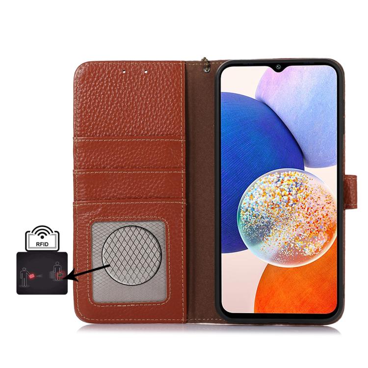 For OnePlus Ace 5 / 13R 5G Genuine Leather Litchi Texture RFID Leather Phone Case(Coffee) - OnePlus Cases by PMC TechLife | Online Shopping South Africa | PMC TechLife | Buy Now Pay Later Mobicred