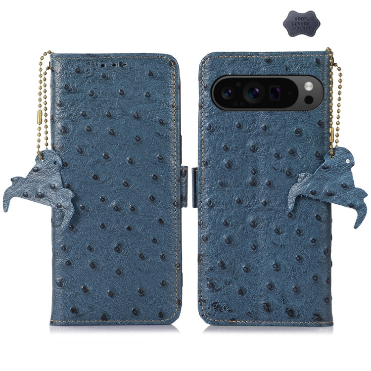 For Google Pixel 9 Pro Ostrich Pattern Genuine Leather RFID Phone Case(Blue) - Google Cases by PMC Jewellery | Online Shopping South Africa | PMC Jewellery | Buy Now Pay Later Mobicred