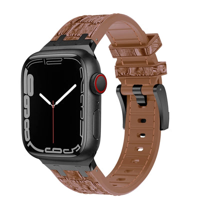 For Apple Watch Series 9 45mm Crocodile Texture Liquid Silicone Watch Band(Black Yellow Brown) - Watch Bands by PMC Jewellery | Online Shopping South Africa | PMC Jewellery