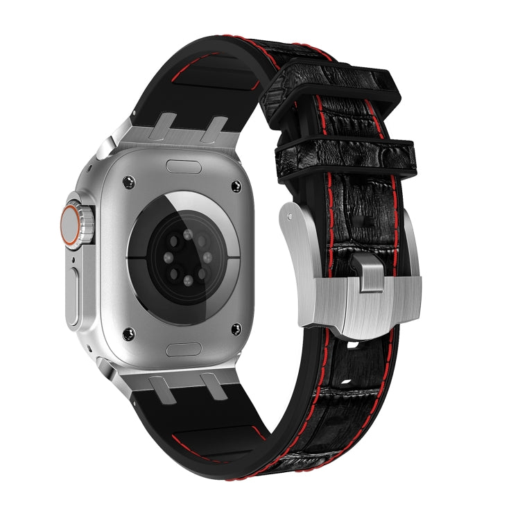 For Apple Watch Series 9 45mm Crocodile Texture Liquid Silicone Watch Band(Silver Red Black) - Watch Bands by PMC TechLife | Online Shopping South Africa | PMC TechLife