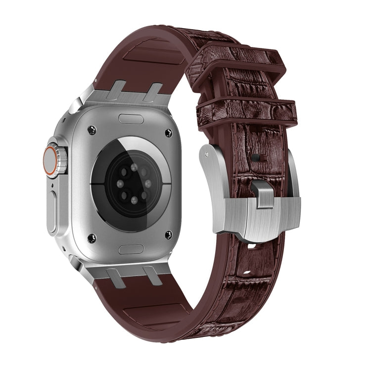 For Apple Watch Series 8 41mm Crocodile Texture Liquid Silicone Watch Band(Silver Dark Brown) - Watch Bands by PMC TechLife | Online Shopping South Africa | PMC TechLife