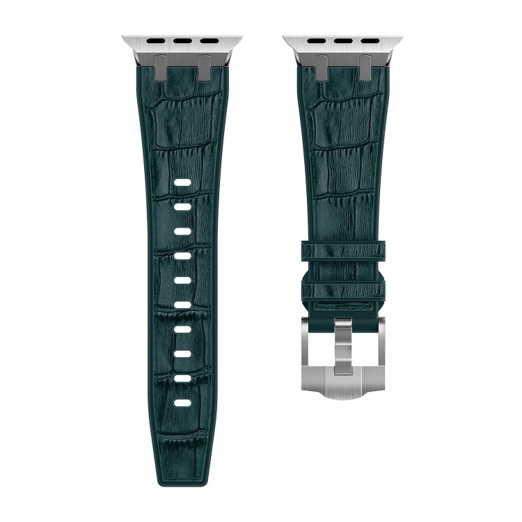 For Apple Watch Series 8 45mm Crocodile Texture Liquid Silicone Watch Band(Silver Deep Green) - Watch Bands by PMC TechLife | Online Shopping South Africa | PMC TechLife