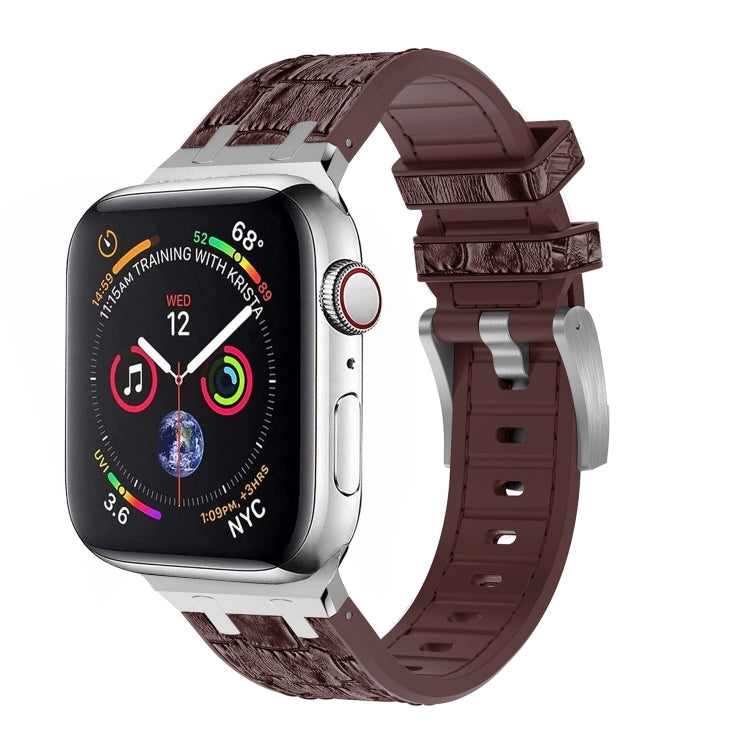 For Apple Watch SE 2022 40mm Crocodile Texture Liquid Silicone Watch Band(Silver Dark Brown) - Watch Bands by PMC Jewellery | Online Shopping South Africa | PMC Jewellery