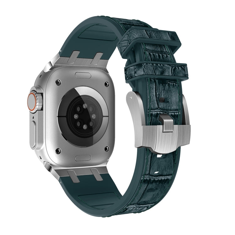 For Apple Watch Series 5 40mm Crocodile Texture Liquid Silicone Watch Band(Silver Deep Green) - Watch Bands by PMC TechLife | Online Shopping South Africa | PMC TechLife