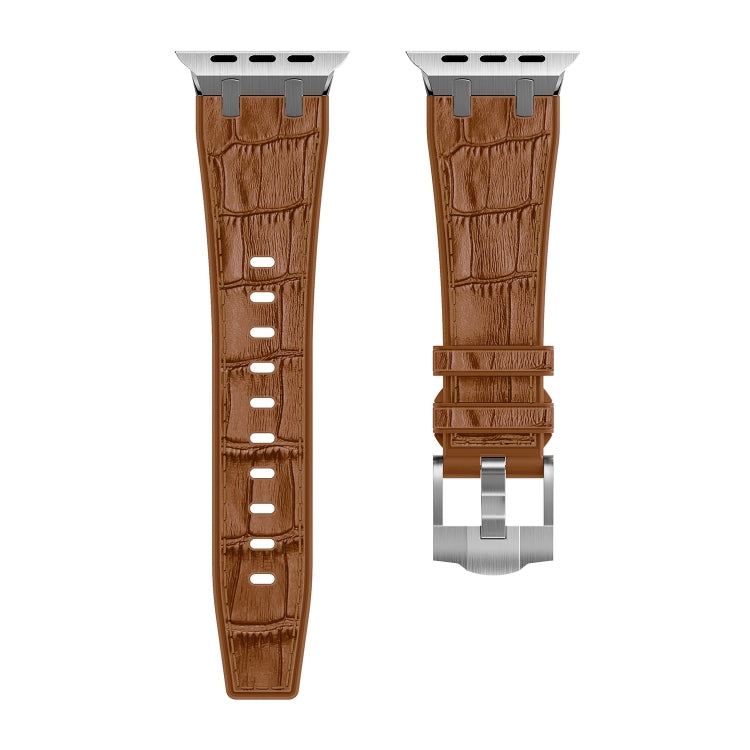 For Apple Watch 42mm Crocodile Texture Liquid Silicone Watch Band(Silver Yellow Brown) - Watch Bands by PMC TechLife | Online Shopping South Africa | PMC TechLife