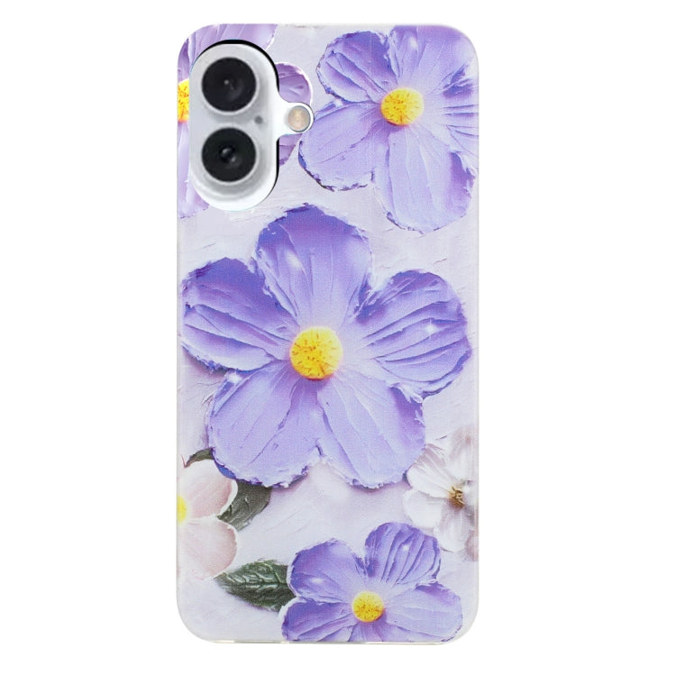 For iPhone 16 Plus Colorful Painting Pattern TPU Phone Case(Purple Flowers) - iPhone 16 Plus Cases by PMC Jewellery | Online Shopping South Africa | PMC Jewellery | Buy Now Pay Later Mobicred