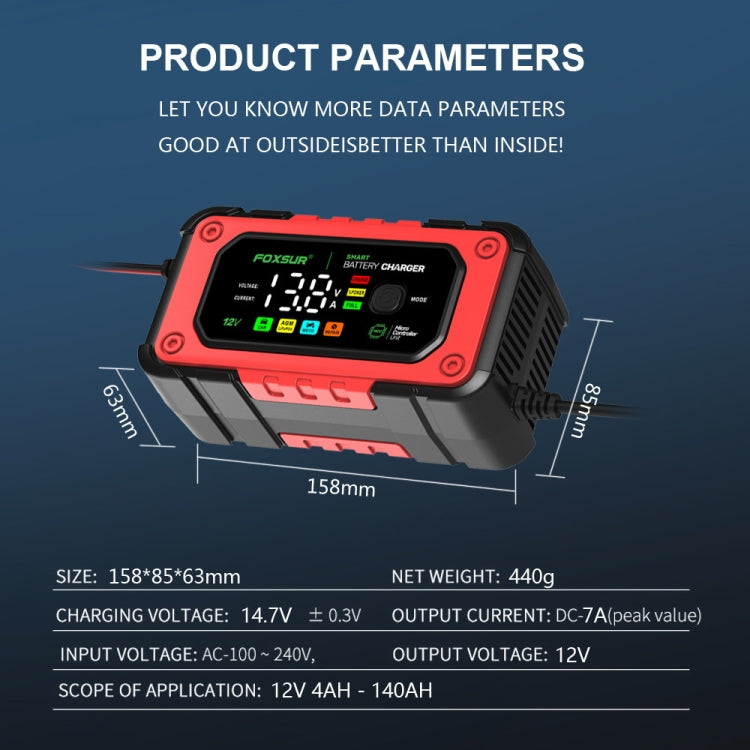 FOXSUR 7A 12V Car / Motorcycle Smart Battery Charger, Plug Type:US Plug(Red) - Battery Charger by FOXSUR | Online Shopping South Africa | PMC Jewellery | Buy Now Pay Later Mobicred