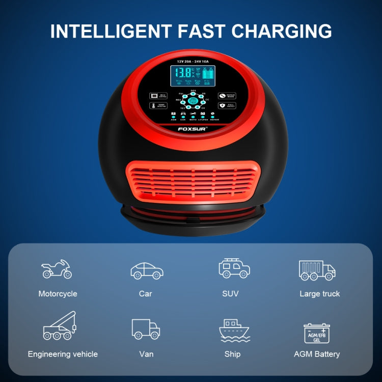 FOXSUR 20A 12V 24V Car / Motorcycle Smart Battery Charger, Plug Type:EU Plug(Red) - free shipping - PMC TechLife - Order now!