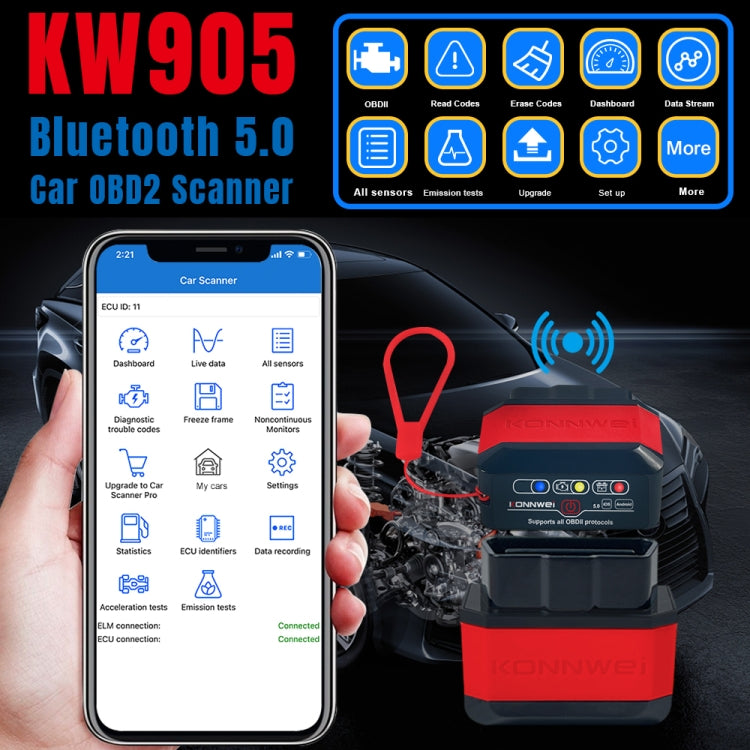 KONNWEI KW905 Bluetooth 5.0 Car OBD2 Scanner Support Android & iOS(Black Red) - Code Readers & Scan Tools by KONNWEI | Online Shopping South Africa | PMC TechLife | Buy Now Pay Later Mobicred