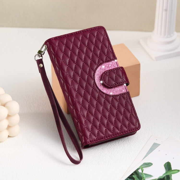 For Google Pixel 7a Glitter Lattice Zipper Wallet Leather Phone Case(Wine Red) - Google Cases by PMC TechLife | Online Shopping South Africa | PMC TechLife | Buy Now Pay Later Mobicred