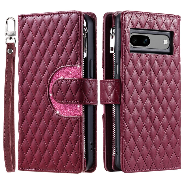 For Google Pixel 7a Glitter Lattice Zipper Wallet Leather Phone Case(Wine Red) - Google Cases by PMC Jewellery | Online Shopping South Africa | PMC Jewellery | Buy Now Pay Later Mobicred