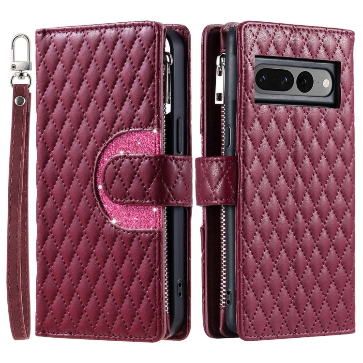 For Google Pixel 7 Pro 5G Glitter Lattice Zipper Wallet Leather Phone Case(Wine Red) - Google Cases by PMC Jewellery | Online Shopping South Africa | PMC Jewellery | Buy Now Pay Later Mobicred