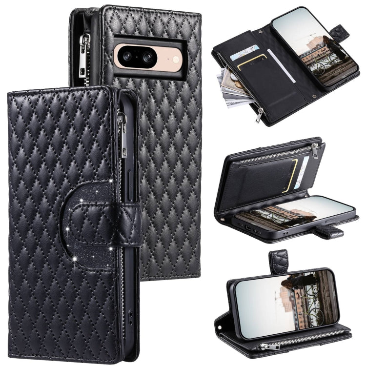 For Google Pixel 8 Glitter Lattice Zipper Wallet Leather Phone Case(Black) - Google Cases by PMC Jewellery | Online Shopping South Africa | PMC Jewellery | Buy Now Pay Later Mobicred