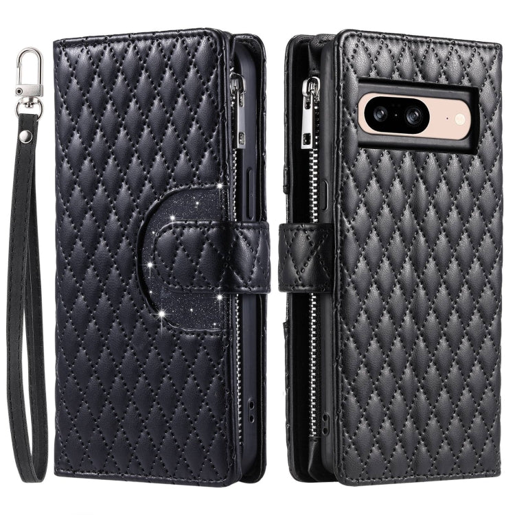 For Google Pixel 8 Glitter Lattice Zipper Wallet Leather Phone Case(Black) - Google Cases by PMC Jewellery | Online Shopping South Africa | PMC Jewellery | Buy Now Pay Later Mobicred