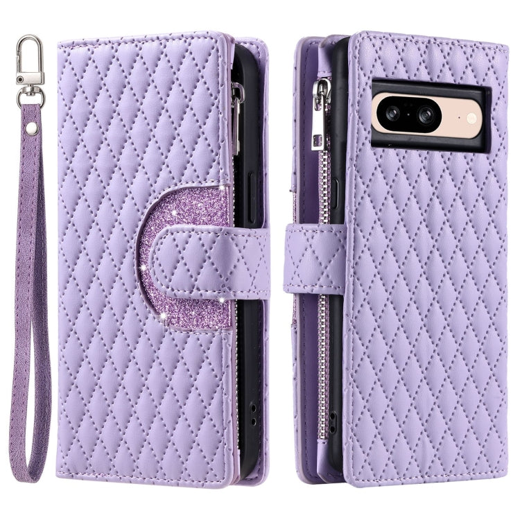 For Google Pixel 8 Glitter Lattice Zipper Wallet Leather Phone Case(Purple) - Google Cases by PMC Jewellery | Online Shopping South Africa | PMC Jewellery | Buy Now Pay Later Mobicred