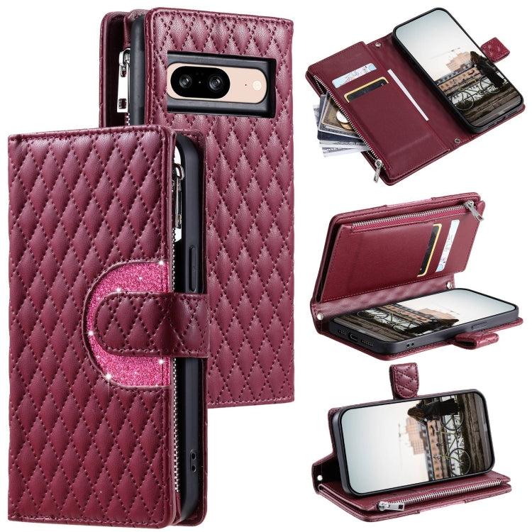 For Google Pixel 8 Glitter Lattice Zipper Wallet Leather Phone Case(Wine Red) - Google Cases by PMC Jewellery | Online Shopping South Africa | PMC Jewellery | Buy Now Pay Later Mobicred