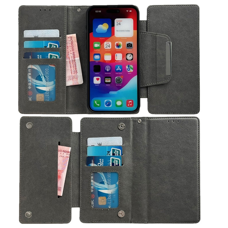 For iPhone 16 Plus Multifunctional Seven Cards Wallet Leather Phone Case(Grey) - iPhone 16 Plus Cases by PMC Jewellery | Online Shopping South Africa | PMC Jewellery | Buy Now Pay Later Mobicred