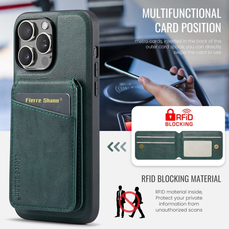 For iPhone 15 Pro Max Fierre Shann Oil Wax Cow Leather Magnetic Card Holder Phone Case(Green) - iPhone 15 Pro Max Cases by FIERRE SHANN | Online Shopping South Africa | PMC Jewellery | Buy Now Pay Later Mobicred