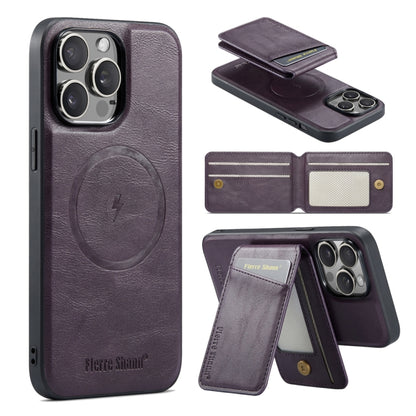 For iPhone 16 Pro Max Fierre Shann Oil Wax Cow Leather Magnetic Card Holder Phone Case(Purple) - iPhone 16 Pro Max Cases by FIERRE SHANN | Online Shopping South Africa | PMC Jewellery | Buy Now Pay Later Mobicred