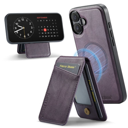 For iPhone 16 Plus Fierre Shann Oil Wax Cow Leather Magnetic Card Holder Phone Case(Purple) - iPhone 16 Plus Cases by FIERRE SHANN | Online Shopping South Africa | PMC Jewellery | Buy Now Pay Later Mobicred