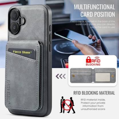 For iPhone 16 Fierre Shann Cowhide Vertical Flip Magnetic Card Holder Phone Case(Grey) - iPhone 16 Cases by FIERRE SHANN | Online Shopping South Africa | PMC Jewellery | Buy Now Pay Later Mobicred