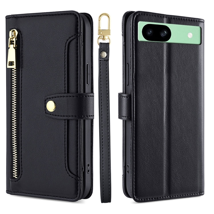 For Google Pixel 8a Sheep Texture Cross-body Zipper Wallet Leather Phone Case(Black) - Google Cases by PMC TechLife | Online Shopping South Africa | PMC TechLife | Buy Now Pay Later Mobicred