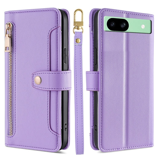 For Google Pixel 8a Sheep Texture Cross-body Zipper Wallet Leather Phone Case(Purple) - Google Cases by PMC Jewellery | Online Shopping South Africa | PMC Jewellery | Buy Now Pay Later Mobicred