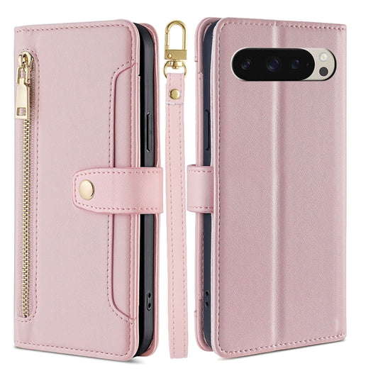 For Google Pixel 9 Sheep Texture Cross-body Zipper Wallet Leather Phone Case(Pink) - Google Cases by PMC Jewellery | Online Shopping South Africa | PMC Jewellery | Buy Now Pay Later Mobicred