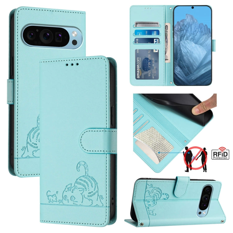 For Google Pixel 9 Pro XL Cat Rat Embossed Pattern RFID Leather Phone Case with Lanyard(Mint Green) - Google Cases by PMC Jewellery | Online Shopping South Africa | PMC Jewellery | Buy Now Pay Later Mobicred