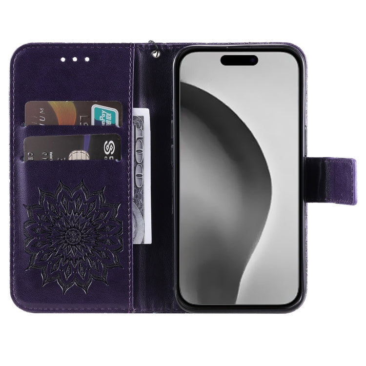 For iPhone 16 Pro Max Embossed Sunflower Pattern Flip Leather Phone Case(Purple) - iPhone 16 Pro Max Cases by PMC TechLife | Online Shopping South Africa | PMC TechLife | Buy Now Pay Later Mobicred