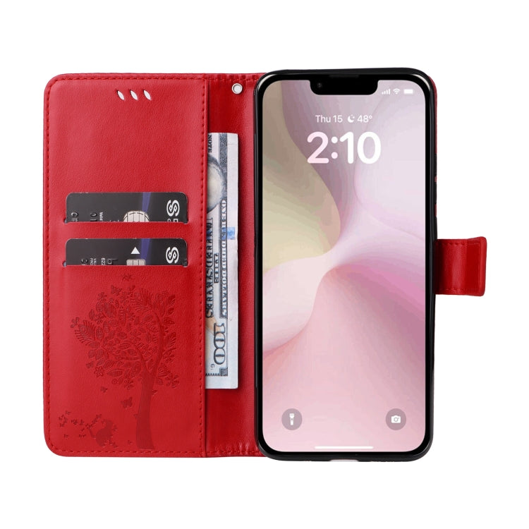 For iPhone SE 2024 Tree & Cat Embossed Pattern Flip Leather Phone Case(Red) - More iPhone Cases by PMC Jewellery | Online Shopping South Africa | PMC Jewellery | Buy Now Pay Later Mobicred