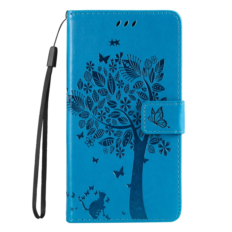 For iPhone 16 Pro Tree & Cat Embossed Pattern Flip Leather Phone Case(Blue) - iPhone 16 Pro Cases by PMC Jewellery | Online Shopping South Africa | PMC Jewellery | Buy Now Pay Later Mobicred