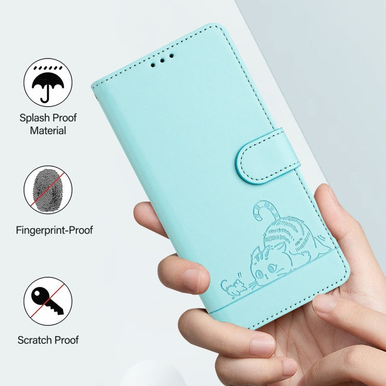 For OPPO Reno11 F 5G Global Cat Rat Embossed Pattern RFID Leather Phone Case with Lanyard(Mint Green) - Reno11 F Cases by PMC Jewellery | Online Shopping South Africa | PMC Jewellery | Buy Now Pay Later Mobicred