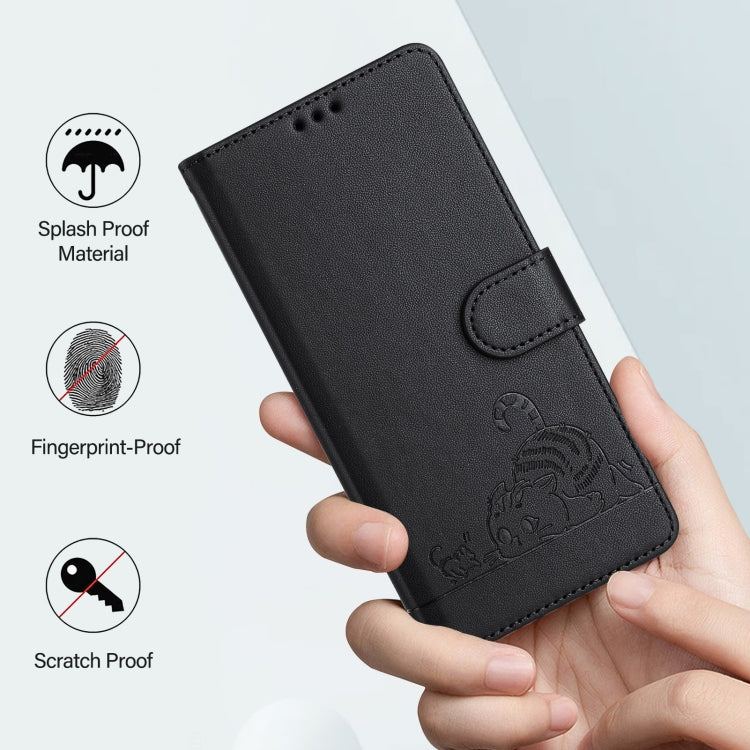 For Huawei Pura 70 Cat Rat Embossed Pattern RFID Leather Phone Case with Lanyard(Black) - Huawei Cases by PMC Jewellery | Online Shopping South Africa | PMC Jewellery | Buy Now Pay Later Mobicred