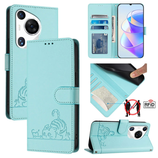 For Huawei Pura 70 Pro Cat Rat Embossed Pattern RFID Leather Phone Case with Lanyard(Mint Green) - Huawei Cases by PMC Jewellery | Online Shopping South Africa | PMC Jewellery | Buy Now Pay Later Mobicred