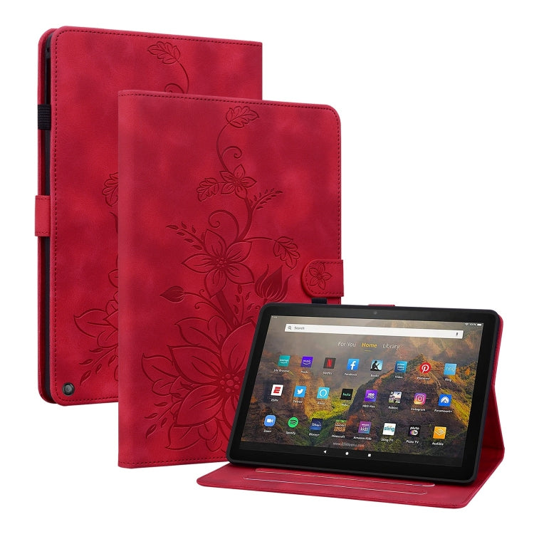For Amazon Fire HD10 / HD10 Plus 2021 Lily Embossed Leather Smart Tablet Case(Red) - Amazon by PMC TechLife | Online Shopping South Africa | PMC TechLife | Buy Now Pay Later Mobicred