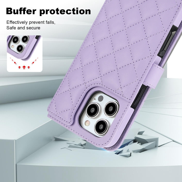 For iPhone 16 Pro Max Crossbody Multifunction Rhombic Leather Phone Case(Purple) - iPhone 16 Pro Max Cases by PMC Jewellery | Online Shopping South Africa | PMC Jewellery | Buy Now Pay Later Mobicred