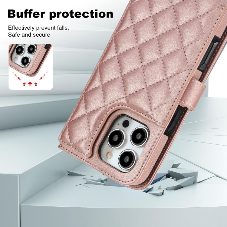 For iPhone 16 Pro Crossbody Multifunction Rhombic Leather Phone Case(Rose Gold) - More iPhone Cases by PMC Jewellery | Online Shopping South Africa | PMC Jewellery | Buy Now Pay Later Mobicred